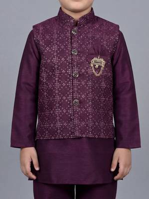 boys wine cotton silk kurta pyjama set with waistcoat 3