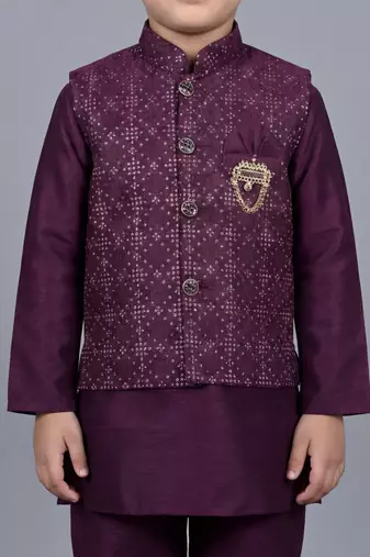boys wine cotton silk kurta pyjama set with waistcoat