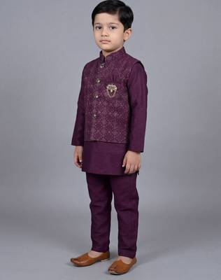 boys wine cotton silk kurta pyjama set with waistcoat 4