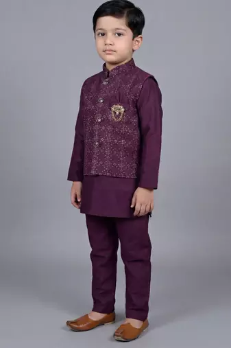 boys wine cotton silk kurta pyjama set with waistcoat
