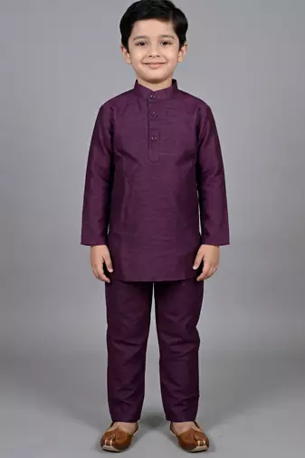boys wine cotton silk kurta pyjama set with waistcoat