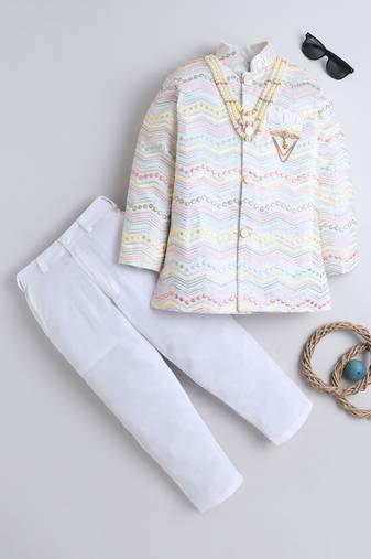 Boys ivory cotton satin chevron zigzag embroidered sequined sherwani & trouser set