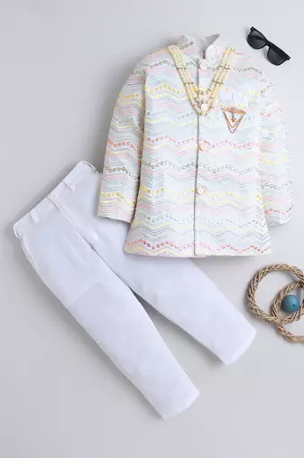 Boys ivory cotton satin chevron zigzag embroidered sequined sherwani & trouser set