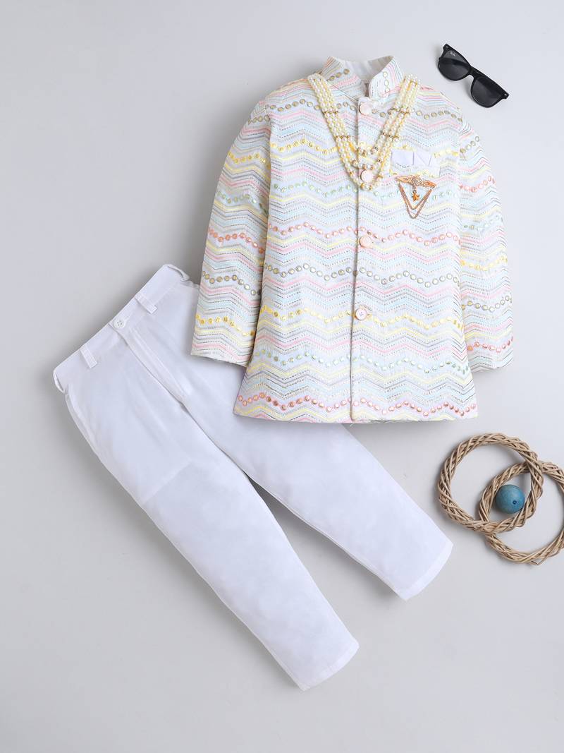 Boys ivory cotton satin chevron zigzag embroidered sequined sherwani & trouser set