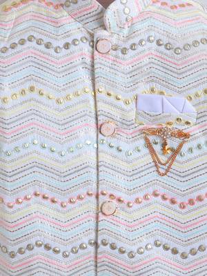 boys ivory cotton satin sherwani trouser set with zigzag sequin embroidery 4