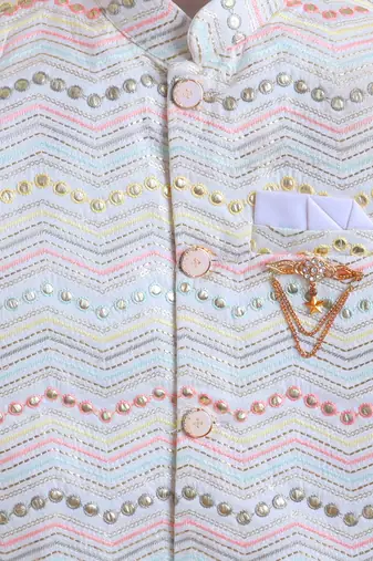 boys ivory cotton satin sherwani trouser set with zigzag sequin embroidery