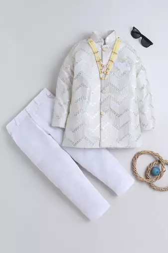 Boys ivory cotton satin chevron zigzag embroidered sequined sherwani & trouser set