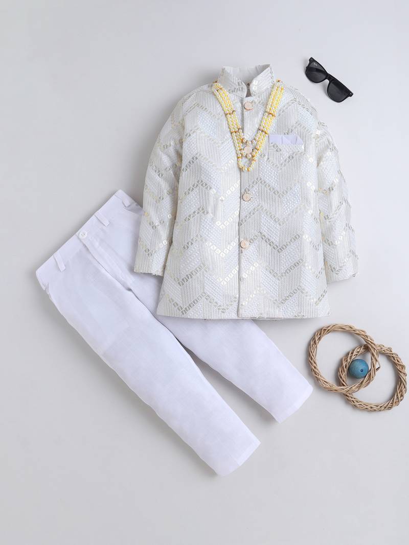 Boys ivory cotton satin chevron zigzag embroidered sequined sherwani & trouser set