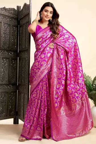 Pink silk blend banarasi saree with unstitched blouse piece