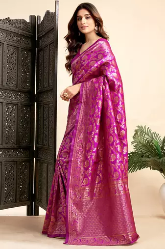 Pink silk blend banarasi saree with unstitched blouse piece
