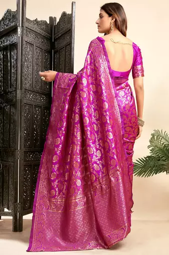 Pink silk blend banarasi saree with unstitched blouse piece