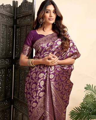 Purple silk blend banarasi saree with unstitched blouse piece 1