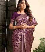 Purple silk blend banarasi saree with unstitched blouse piece