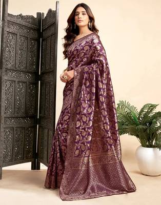 Purple silk blend banarasi saree with unstitched blouse piece 2