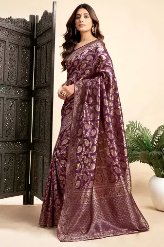Purple silk blend banarasi saree with unstitched blouse piece
