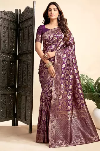 Purple silk blend banarasi saree with unstitched blouse piece