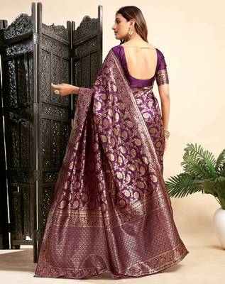 Purple silk blend banarasi saree with unstitched blouse piece 4