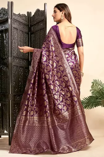 Purple silk blend banarasi saree with unstitched blouse piece
