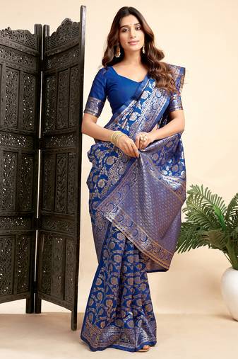 Royal blue soft silk blend banarasi jacuard work designer party wear saree with unstitched blouse piece