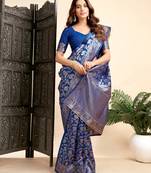 Royal blue soft silk blend banarasi jacuard work designer party wear saree with unstitched blouse piece