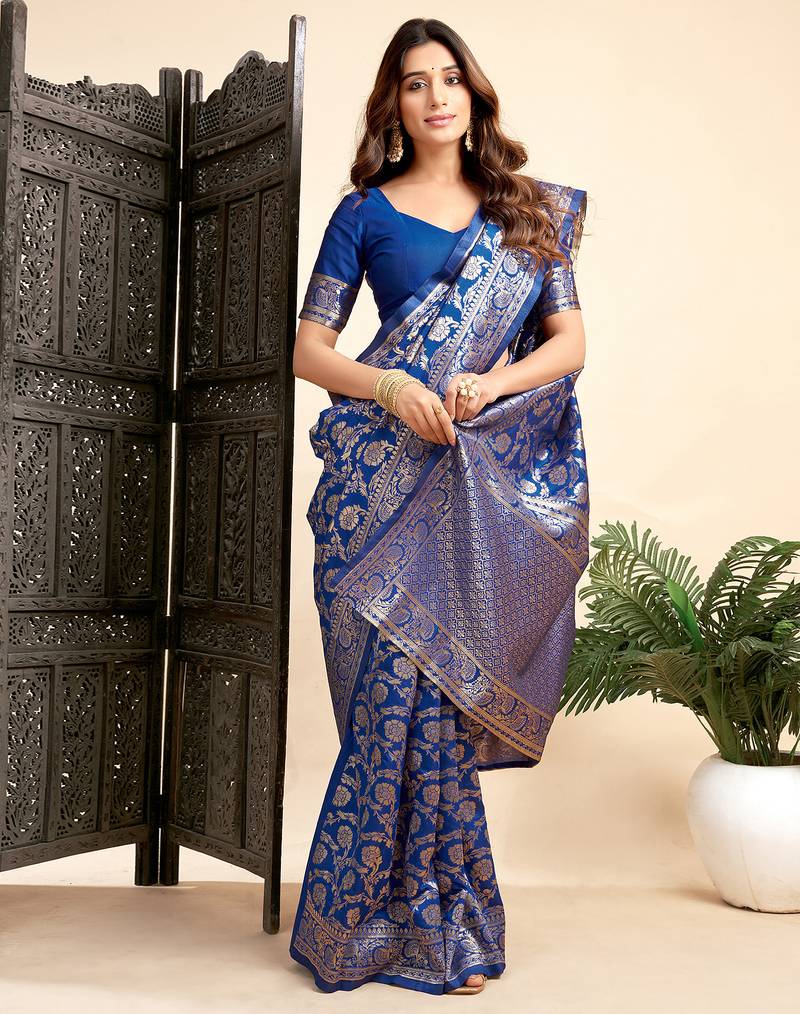 Royal blue soft silk blend banarasi jacuard work designer party wear saree with unstitched blouse piece