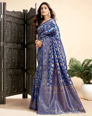 Royal blue silk blend banarasi saree with unstitched blouse piece 2