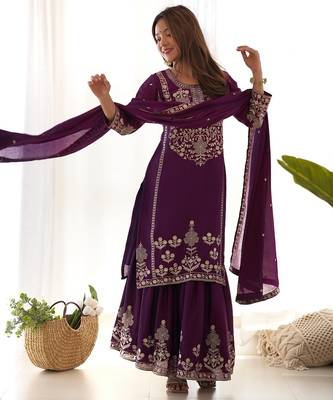 Purple zari sequince embroidered work chinnon silk blend anarkali set 2