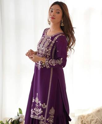 Purple zari sequince embroidered work chinnon silk blend anarkali set 4