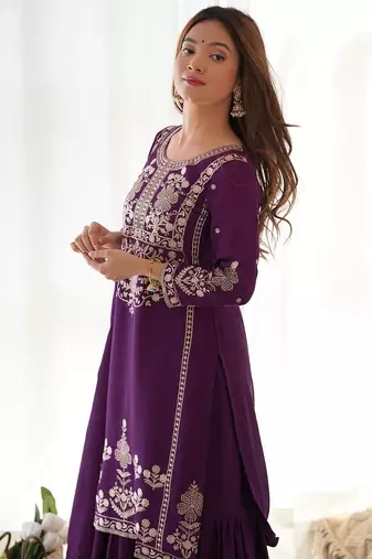 Purple zari sequince embroidered work chinnon silk blend anarkali set