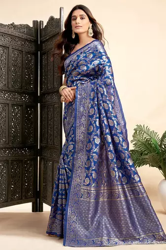 Royal blue silk blend banarasi saree with unstitched blouse piece
