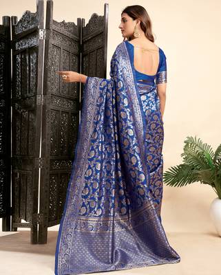 Royal blue silk blend banarasi saree with unstitched blouse piece 4