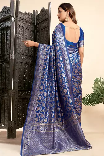Royal blue silk blend banarasi saree with unstitched blouse piece