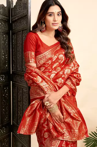 Red soft silk blend banarasi jacuard work designer party wear saree with unstitched blouse piece