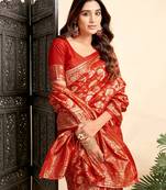 Red soft silk blend banarasi jacuard work designer party wear saree with unstitched blouse piece