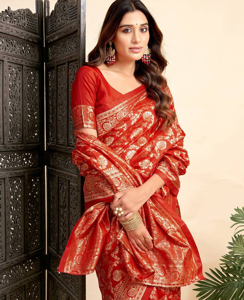 Red soft silk blend banarasi jacuard work designer party wear saree with unstitched blouse piece