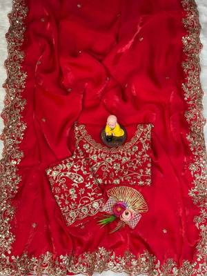 red color embroidery work fandy satin saree 1