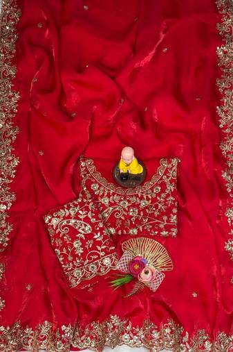 red color embroidery work fandy satin saree