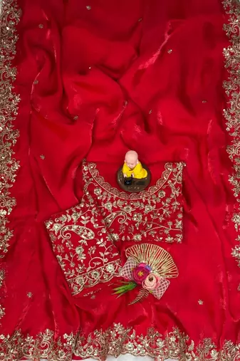red color embroidery work fandy satin saree