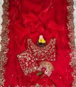 red color embroidery work fandy satin saree