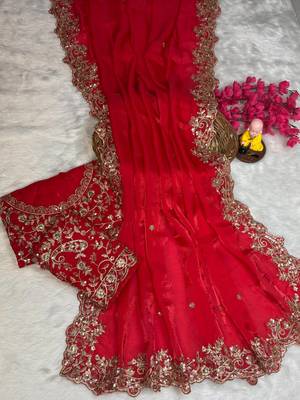 red color embroidery work fandy satin saree 2