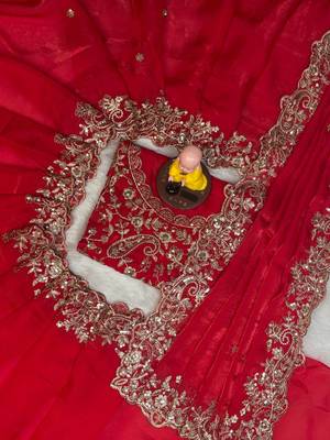 red color embroidery work fandy satin saree 3