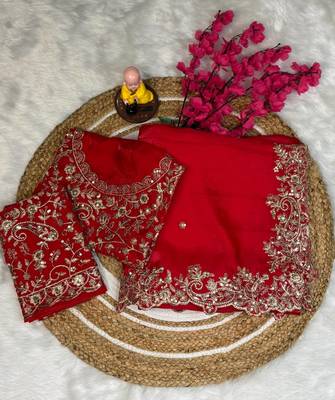 red color embroidery work fandy satin saree 4
