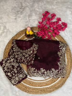 plum color embroidery work fandy satin saree 1