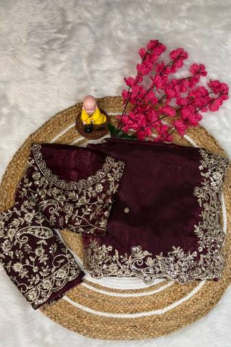plum color embroidery work fandy satin saree