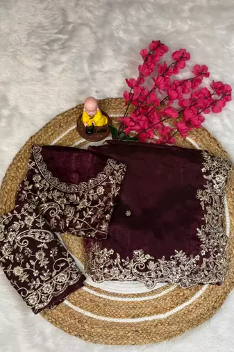 plum color embroidery work fandy satin saree