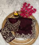 plum color embroidery work fandy satin saree