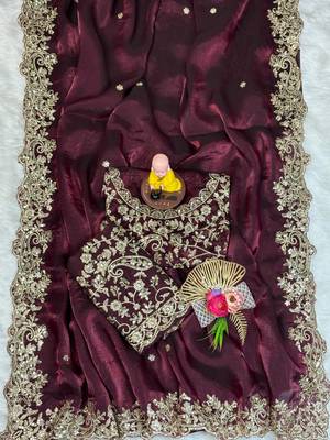 plum color embroidery work fandy satin saree 2