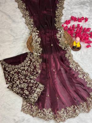 plum color embroidery work fandy satin saree 3
