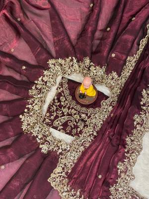 plum color embroidery work fandy satin saree 4