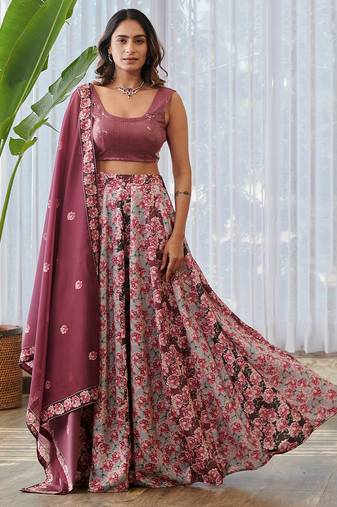 Burgundy Printed Swiss Satin Lehenga Set